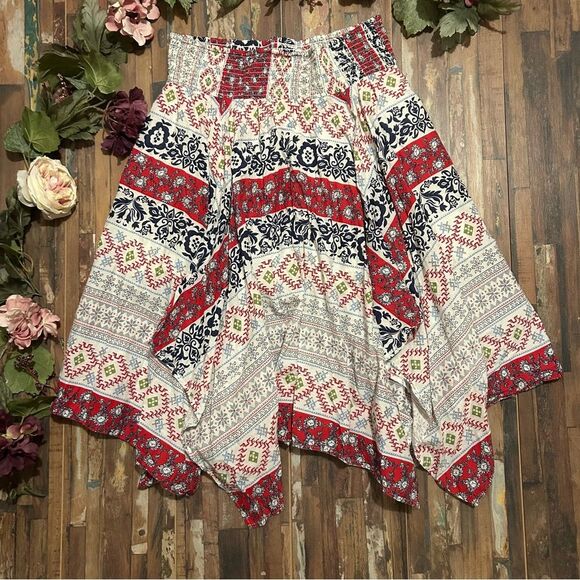Boho Mixed Prints Asymmetrical Hem Midi Skirt L - Picture 1 of 7